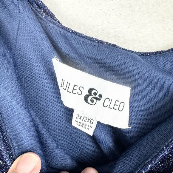 Jules & Cleo Ruched Glitter Knit Cap Sleeve Sheath Stretch Gown Navy Plus Sz 2X - Picture 10 of 16